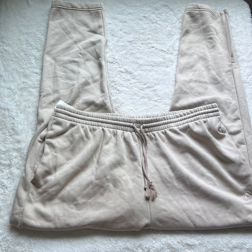 Adidas Mens 2XL Beige Fleece Jogger Sweatpants Ankle Zip Tapered Tan Activewear